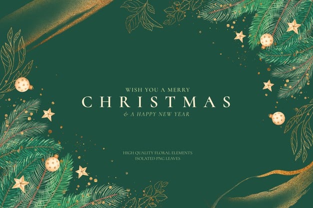 Green and golden christmas background with ornaments Free Psd