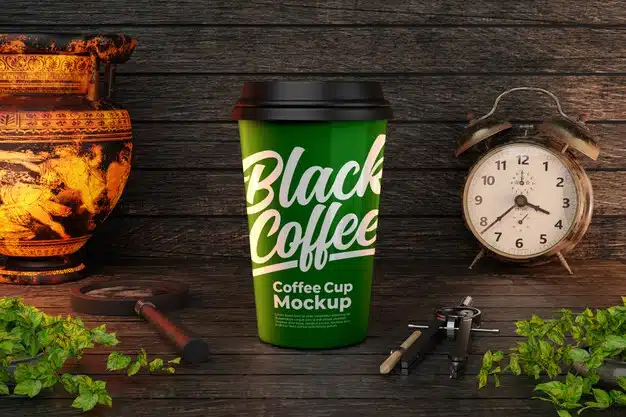 Green coffee cup mockup with urn and alarm clock decorations Premium Psd