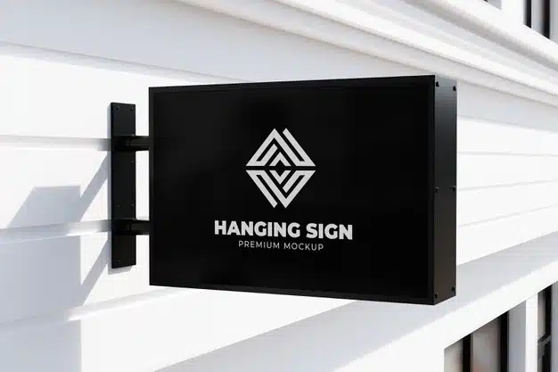 Hanging sign mockup outdoor horizontal neonbox black Premium Psd