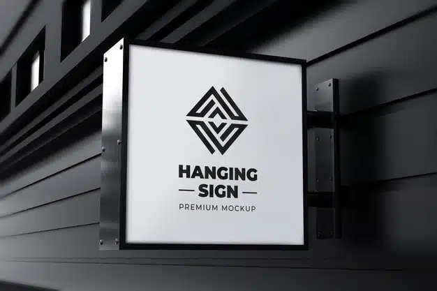 Hanging sign mockup outdoor square neonbox black white Premium Psd