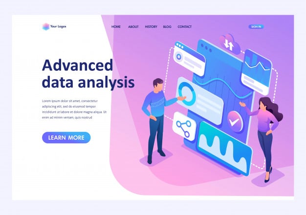 Isometric concept young entrepreneurs review reports and analyze data.template landing page for website Premium Vector