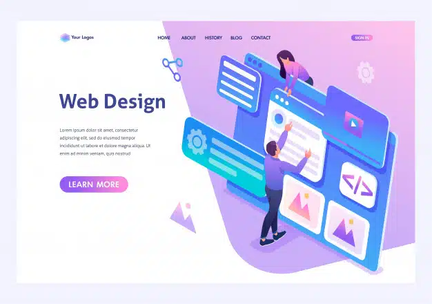 Isometric young people are engaged in web design, website page development. template landing page for website Premium Vector