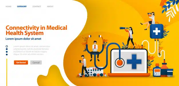 Landing page template with connectivity in medical health system. software in drug service and patient history .vector illustration for website Premium Vector