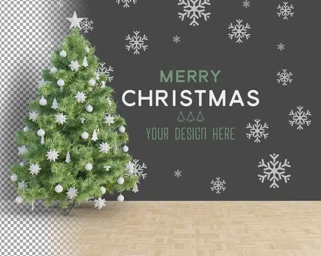 Large christmas tree and white accessories christmas mockup Premium Psd