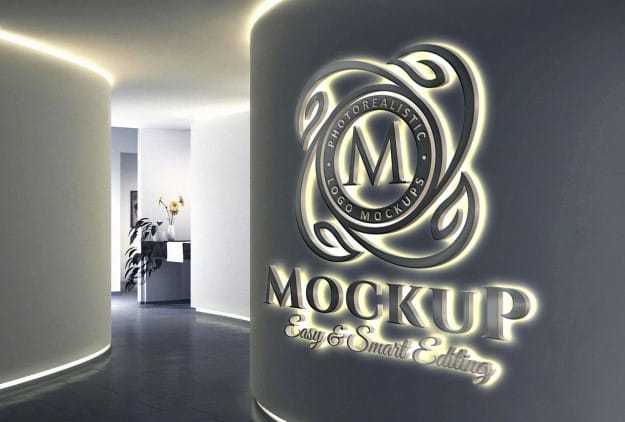 Logo mockup - 3d backlit led logo signage on a company wall Premium Psd