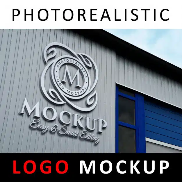 Logo mockup - 3d metallic aluminum logo signage on factory facade wall Premium Psd