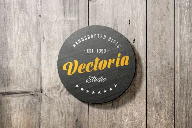 Logo mockup of metal sign on wooden wall Premium Psd