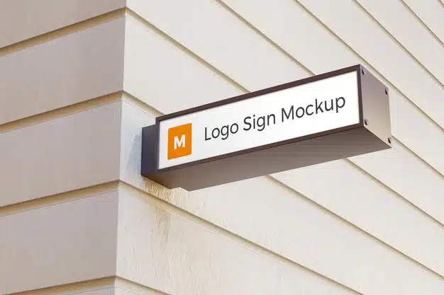 Logo sign mockup rectangle signage box on facade of office building Premium Psd