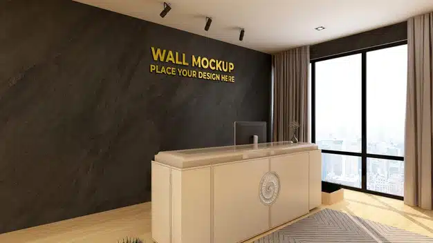 Luxury logo mockup sign in the receptionist indoor hotel office room Premium Psd