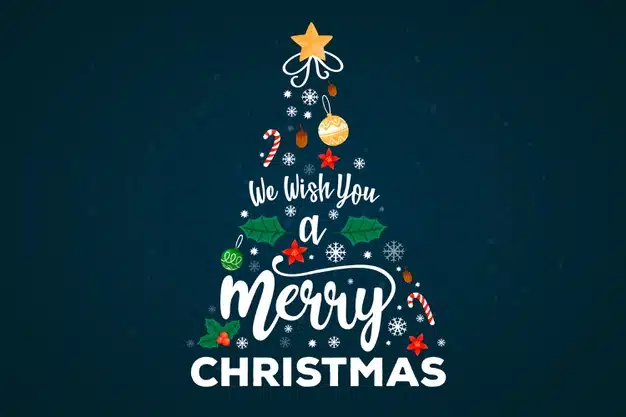 Merry christmas tree with lettering decoration Free Vector