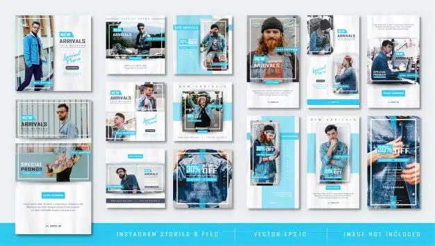 Minimalist blue instagram stories and feed post fashion sale template Premium Vector