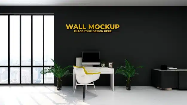 Mockup of gold office logo in elegant workspace Premium Psd