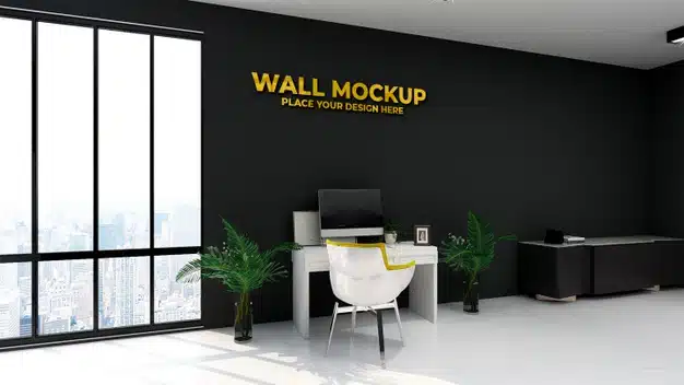 Mockup of gold office logo in elegant workspace Premium Psd