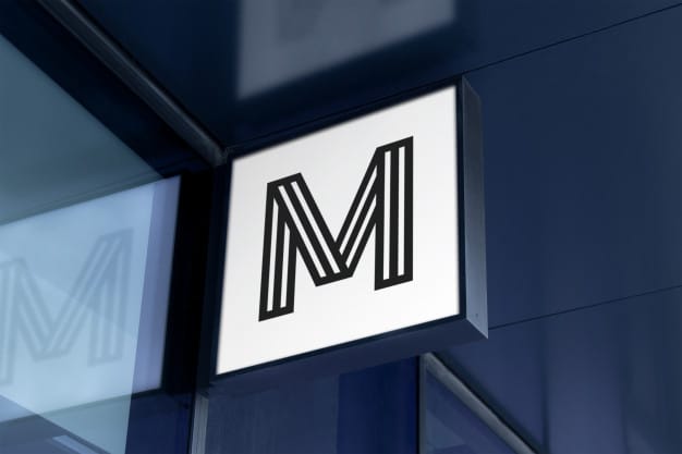 Mockup of modern square hanging logo sign on corporate building facade in black frame Premium Psd