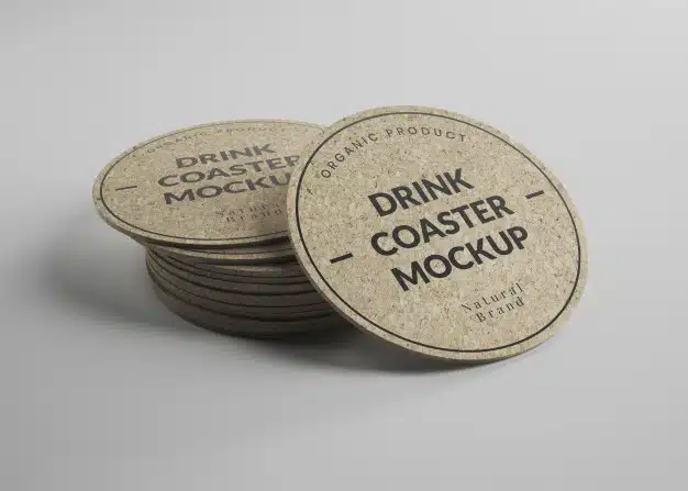 Mockup of round cork drink coasters in isometric view Premium Psd