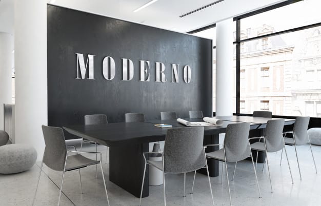 Mockup of silver 3d office logo in elegant business indoor workspace Premium Psd