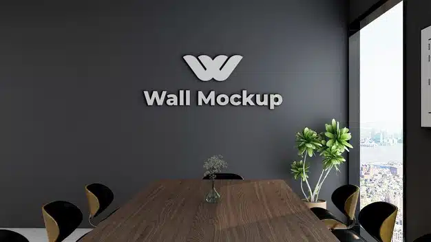 Mockup of silver office logo in elegant classic business indoor workspace Premium Psd