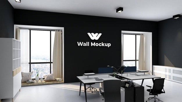 Mockup of silver office logo in elegant modern business indoor workspace Premium Psd