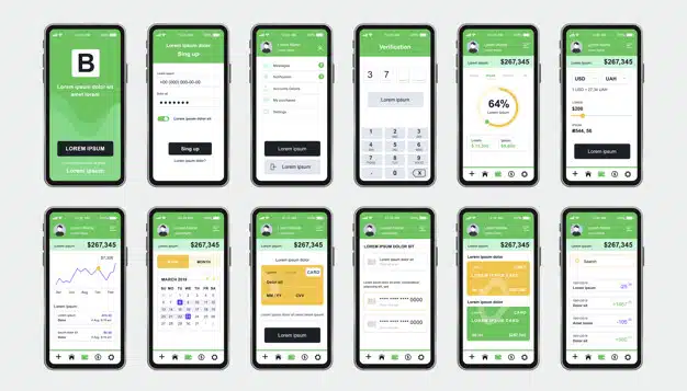 Online banking unique design kit for app. Mobile wallet screens with financial analytics, instruments and services. Financial management UI, UX template set. GUI for responsive mobile application.