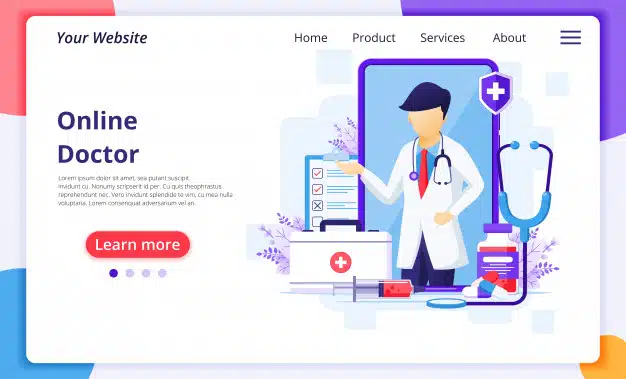 Online doctor concept, online medical health care assitance illustration. website landing page design template Premium Vector