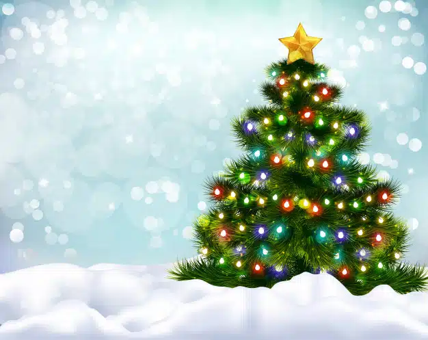 Realistic background with beautiful decorated christmas tree and snow banks Free Vector