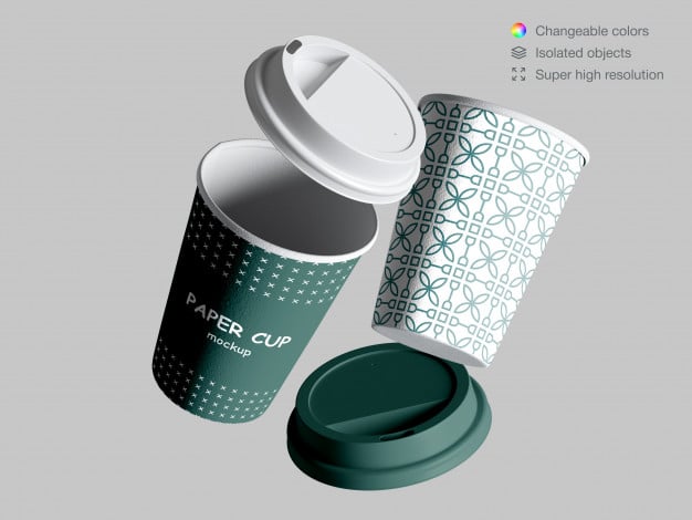 Realistic floating paper cups mockup with lids Premium Psd
