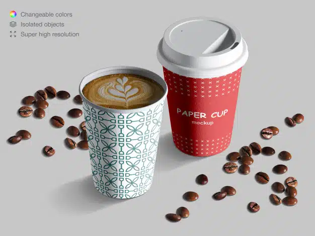 Realistic isometric paper cups mockup with coffee beans Premium Psd