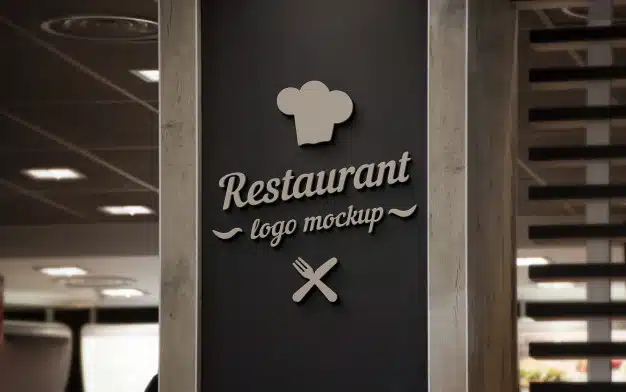 Restaurant 3d logo mockup on black wall. Premium Psd