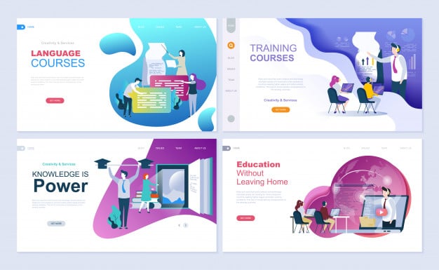 Set of landing page template for education, consulting, training, language courses. Premium Vector