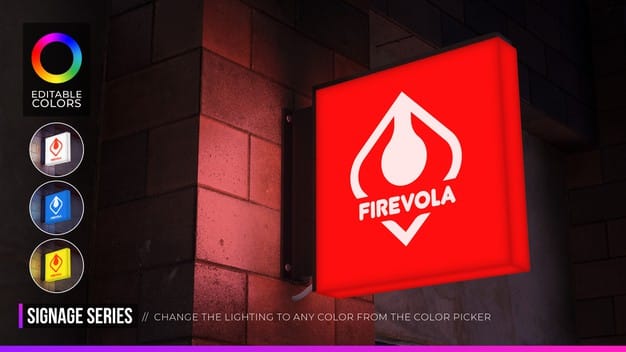 Square sign logo mockup with editable ambient colors in night lighting Premium Psd