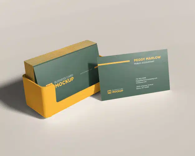 Stationery mockup stacked business card in yellow box Premium Psd