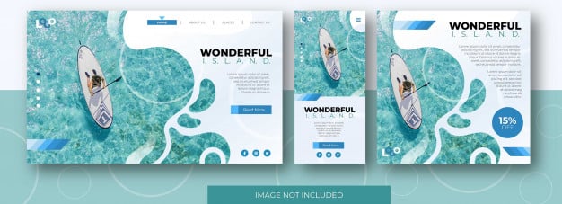 Travel landing page website, app screen and social media feed post template with beach Premium Vector