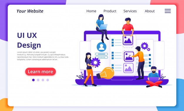 Ui ux concept, people creating an application content and text place. website landing page template Premium Vector
