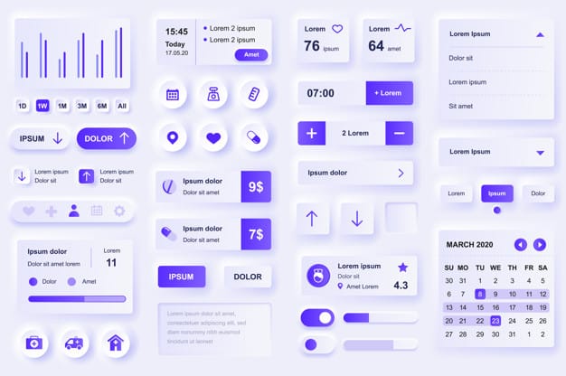 User interface elements for medical mobile app. Diagnosis and treatment, pharmacy store and laboratory gui templates. Unique neumorphic ui ux design kit. Manage, navigation, search form and components