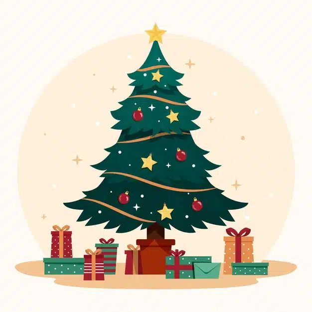 Vintage christmas tree with gifts Free Vector