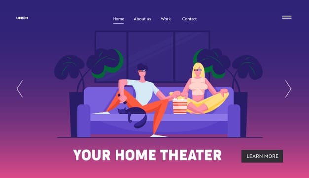 Young couple watch movie at home website landing page Premium Vector