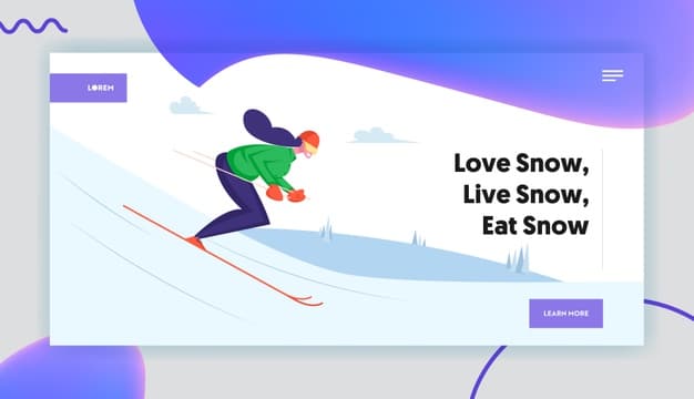 Young woman skiing on mountains resort website landing page Premium Vector