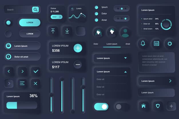 User interface elements for banking mobile app. Financial analytics of bank account, deposit and credit balance gui templates. Unique neumorphic ui ux design kit. Manage and navigation components.