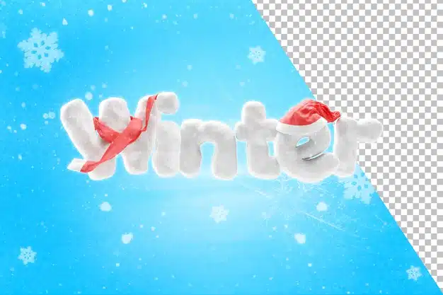 3d rendering of snow winter text with hat and scarf Premium Psd