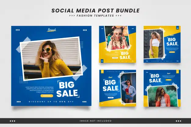 Blue with yellow minimalist fashion social media post templates with tape Premium Vector