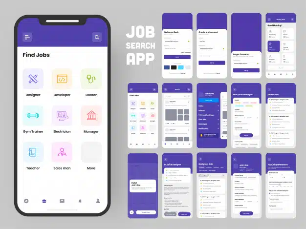 Complete ui and ux screens for a mobile app. Premium Vector