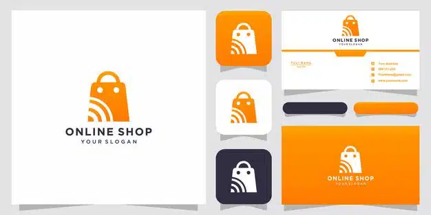 Creative online shop, bag combined logo template and business card Premium Vector