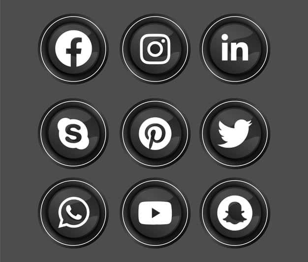 Dark shiny themed 3d round shiny silver frame social media icon button Premium Vector