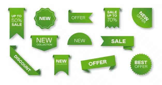 Different sale green ribbons flat icon set. price badges, special offer labels and discount
