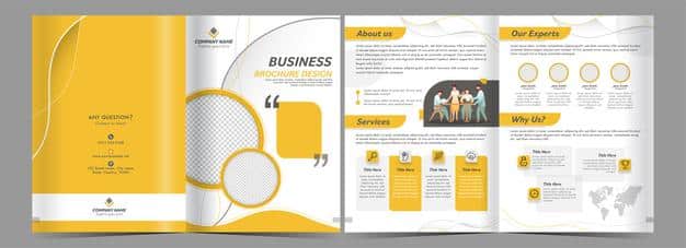 Double-sides of business bi-fold brochure design in yellow and white color. Premium Vector