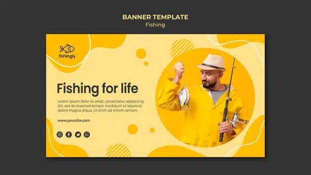 Fishing for life man in yellow fishing coat banner Premium Psd