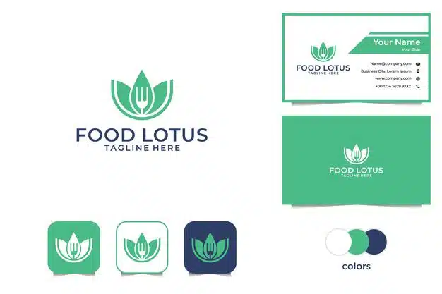 Green food lotus logo and business card Premium Vector