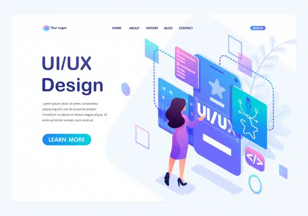 Isometric a young woman creates a custom design for a mobile application, ui ux design. Premium Vector