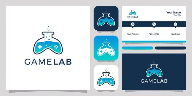 Joystick and lab abstract logo and business card design Premium Vector