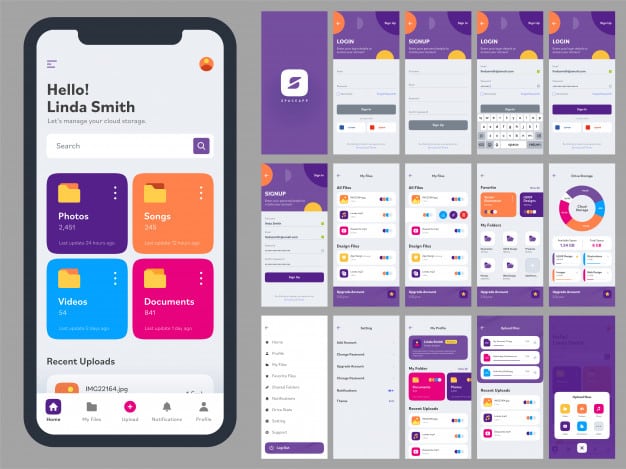 Mobile app ui kit with different gui layout including log in, create account, sign up, social media and notification screens. Premium Vector